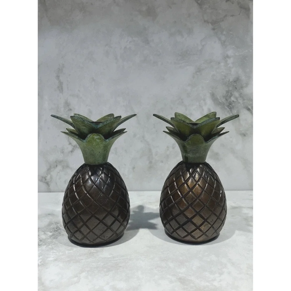 2 Tommy Bahama Pineapple Candle Holder Caribbean Decor Brass Candlestick Taper‎